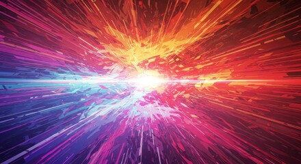 A dynamic digital artwork of a cosmic explosion in space, radiating vibrant red, orange, pink and blue beams from a brilliant white center. Perfect for sci-fi covers, futuristic posters, and technolog
