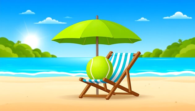 Beach scene with tennis chair and umbrella