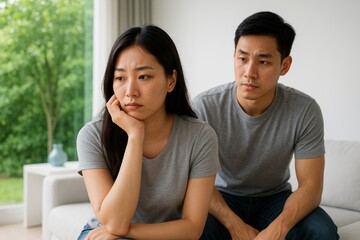 Upset couple having emotional conversation while sitting on couch in living room with serious facial expressions and tense atmosphere.. Ai generative