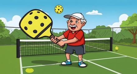 Cheerful senior man in a red shirt and white cap energetically hitting a yellow pickleball during a fun match outdoors