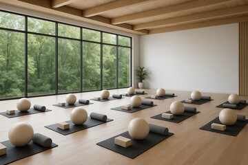 Modern pilates studio interior with yoga mats, fitness balls and props arranged in rows on wooden floor, large windows showing green forest view outside. Ai generative