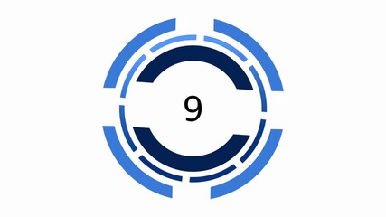 digital countdown 10 second to 0 graphic featuring the inside a circular, futuristic, blue and dark blue design with segmented rings. - Powered by Adobe