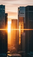 Skyscrapers rise into a sunlit sky their windows reflecting a golden glow over the city below