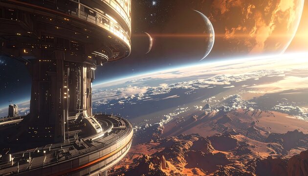 Futuristic space station orbiting a desert planet