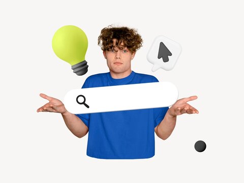 College student shrugging, search bar 3D remix