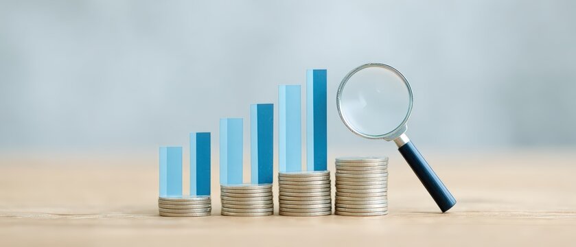 Growth Metrics with Coins and Magnifying Glass Representing Financial Analysis and Investment Strategies