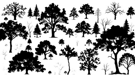 Dense composition of intricate tree silhouettes arranged systematically in a grid-like pattern, with black silhouettes on a pure white background, showcasing various species with distinct shapes and s