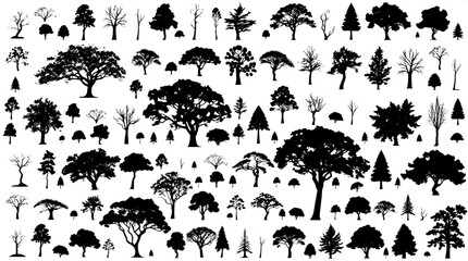 Dense composition of intricate tree silhouettes arranged systematically in a grid-like pattern, with black silhouettes on a pure white background, showcasing various species with distinct shapes and s