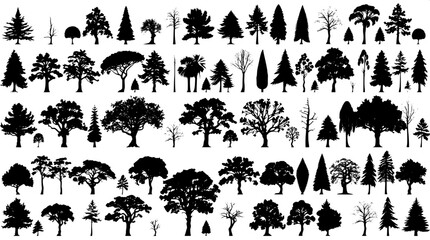 Dense composition of intricate tree silhouettes arranged systematically in a grid-like pattern, with black silhouettes on a pure white background, showcasing various species with distinct shapes and s