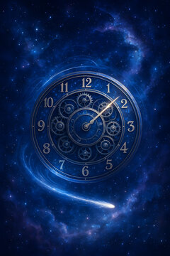 Time's Cosmic Dance: A clock face with intricate gears overlaid on a star-filled sky. A shooting star streaks by, blurring time & space.