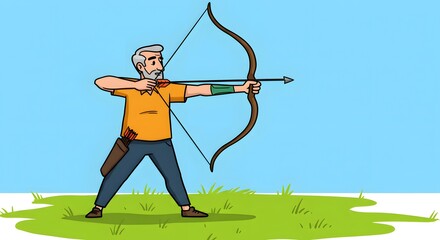 Illustration of an elderly man with a beard practicing archery, aiming a longbow and arrow outdoors on a sunny day