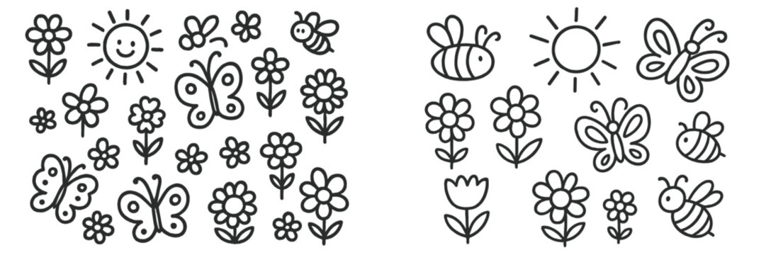 Bright and cheerful doodles of flowers, bees, butterflies, and sunshine capturing a joyful spring vibe