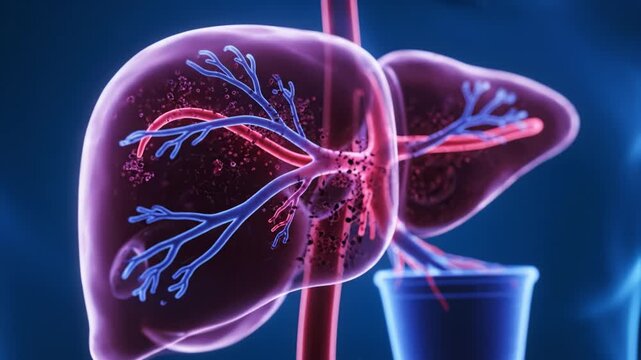 3D Medical Illustration of Human Liver Anatomy Highlighting Intricate Blood Vessels, Bile Ducts, Vascular System, and Internal Structure in Red and Blue Color Scheme for Medical Insights