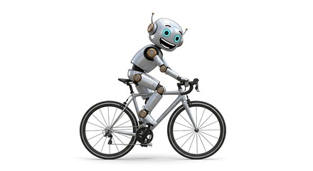 A cheerful robot enjoys cycling. 