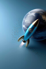 Bright blue rocket soaring away from a distant planet