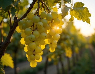 Glowing Ripe Grapes on the Vine at Sunset