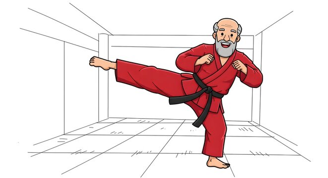 Elderly Man in Red Karate Gi Practicing a High Kick in a Dojo Setting