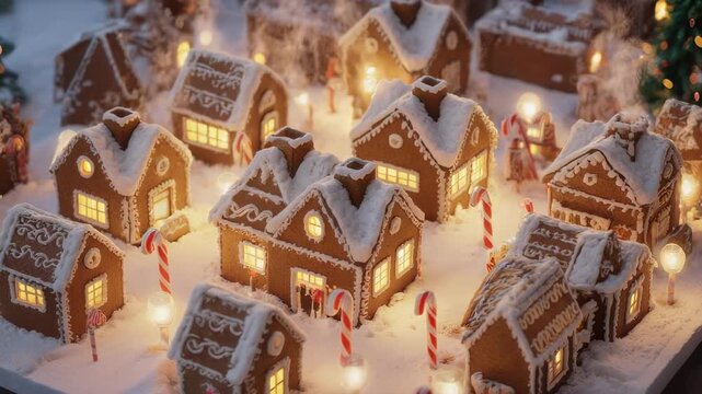 Isometric Gingerbread Village Animation - Seamless Loop, Cozy Background
