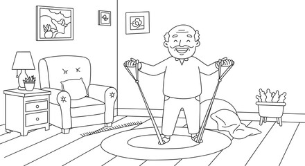 Cheerful elderly man exercising at home with resistance bands, enjoying a healthy lifestyle