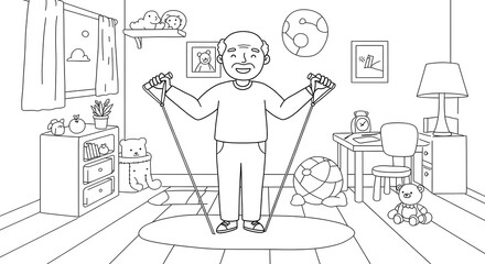 Senior man exercising with resistance bands in a cozy room, promoting healthy lifestyle and active aging