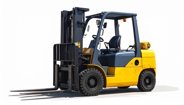 Yellow and black forklift with rugged tires and overhead guard on white surface, representing industrial strength and material handling.