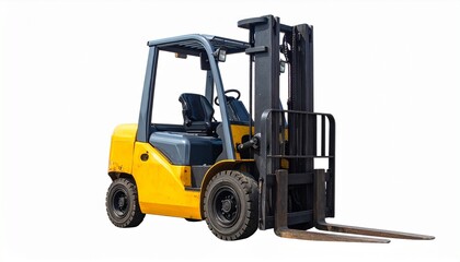 Yellow and black forklift with rugged tires and overhead guard on white surface, representing industrial strength and material handling.