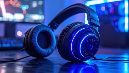 Over-ear headphones with glowing blue LED lights on wet surface, set against moody blue-purple background for a futuristic tech vibe.