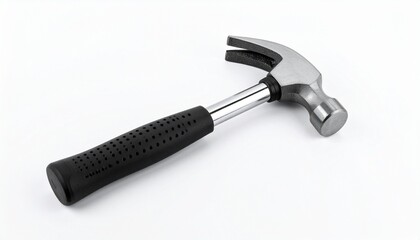 Claw hammer with black rubber grip and metallic head placed on white surface, symbolizing durability and utility in repairs.