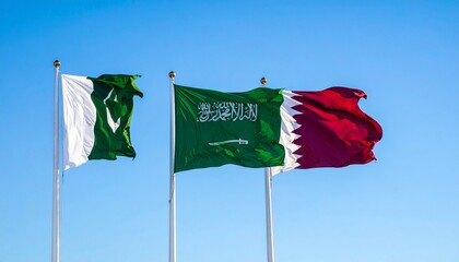 Flags of Pakistan, Saudi Arabia, and Qatar hoisted against clear blue sky, symbolizing unity, diplomacy, and national identity.