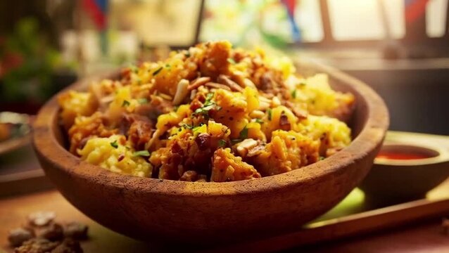Traditional Puerto Rican mofongo with garlic and pork cracklings in a wooden mortar against a vibrant kitchen background