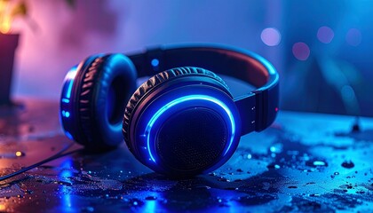 Over-ear headphones with glowing blue LED lights on wet surface, set against moody blue-purple background for a futuristic tech vibe.