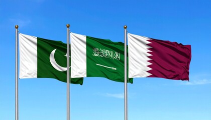 Flags of Pakistan, Saudi Arabia, and Qatar hoisted against clear blue sky, symbolizing unity, diplomacy, and national identity.