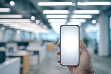 Hand holding smartphone with blank white screen in office space.