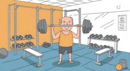 Cartoon illustration of an energetic elderly man weight training with a barbell, staying fit and active in his golden years for future wellness