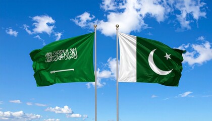 Flags of Saudi Arabia and Pakistan hoisted side by side against bright blue sky, symbolizing diplomatic unity and cultural ties.