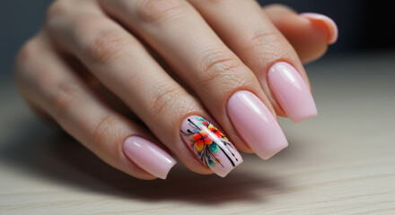 Beautiful Light Pink Gel Manicure With Elegant Floral Accent Nail Art Design
