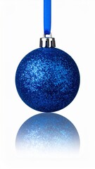 Sparkling Blue Christmas Ornament Hanging by Ribbon with Glossy Reflection