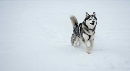 Energetic husky dog running joyfully through fresh winter snow, pure happiness