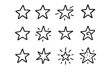 Fototapeta premium Various hand-drawn star designs with different styles and embellishments on a white background
