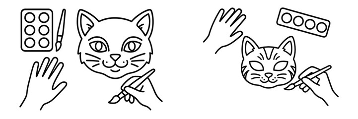 Creative hands painting a cat design using watercolor supplies at a crafting table