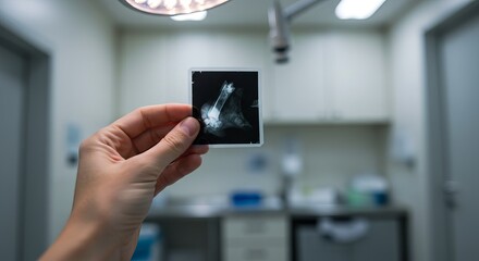 Veterinarian examines fractured animal leg X-ray in modern clinic