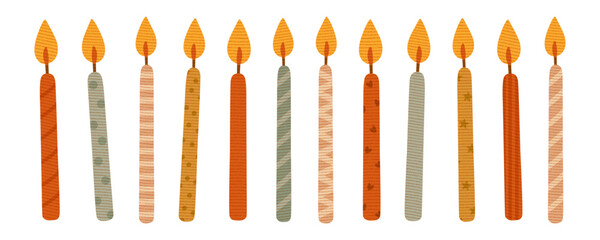 Retro birthday candles with glowing flames, perfect for party invitations, greeting cards, posters, and celebration designs. Dreamy, patterned candles in various styles and textures