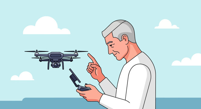 Side profile illustration of a senior man with grey hair operating a modern quadcopter drone with a remote controller.