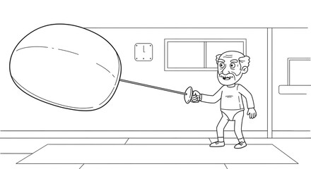 Cartoon depiction of an elderly man practicing the sport of fencing with a foil, outlined