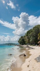 Turquoise water meets a sandy beach lined with trees and large rocks all under a vast sky filled with dynamic clouds