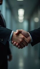 Two people in suits are shaking hands in a corporate setting