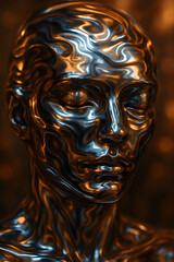 Chrome-like humanoid face in metallic finish, embodying fluidity. Dynamic lighting accentuates the sculpture's contours and form.