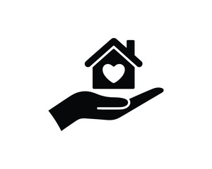 Simple black silhouette illustration of a hand holding a home icon with a heart, symbolizing charity, real estate, adoption, and safety