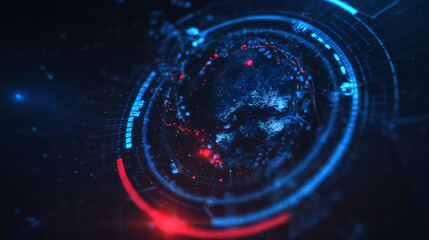 Digital globe with futuristic interface elements and glowing data rings