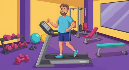 Smiling man exercising on a treadmill in a modern gym, embodying a healthy and active lifestyle with various fitness equipment surrounding him